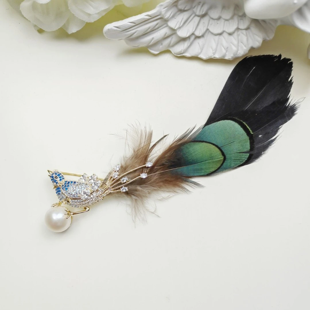 铜合金合成锆石胸针 HY2076喜鹊之翎胸针
