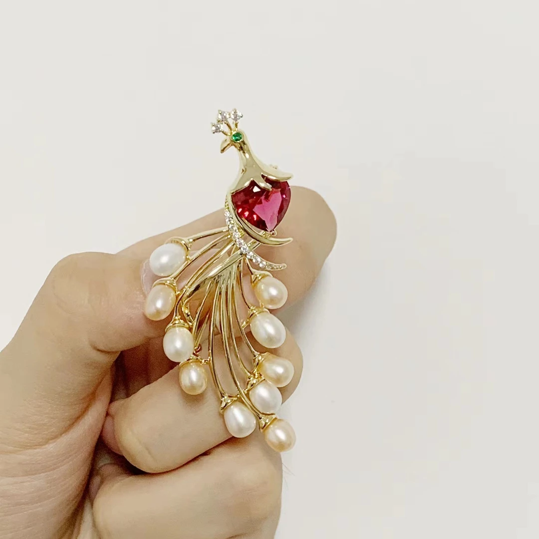 铜合金合成锆石胸针 HY1256珠珠孔雀《红》胸针