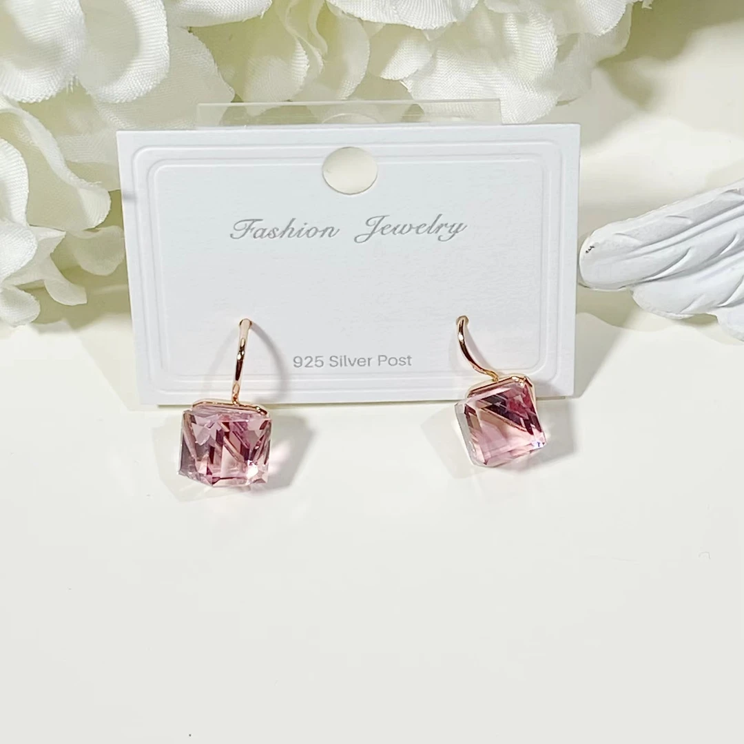 铜合金仿水晶耳饰 EH974【施】小方糖《粉》耳环