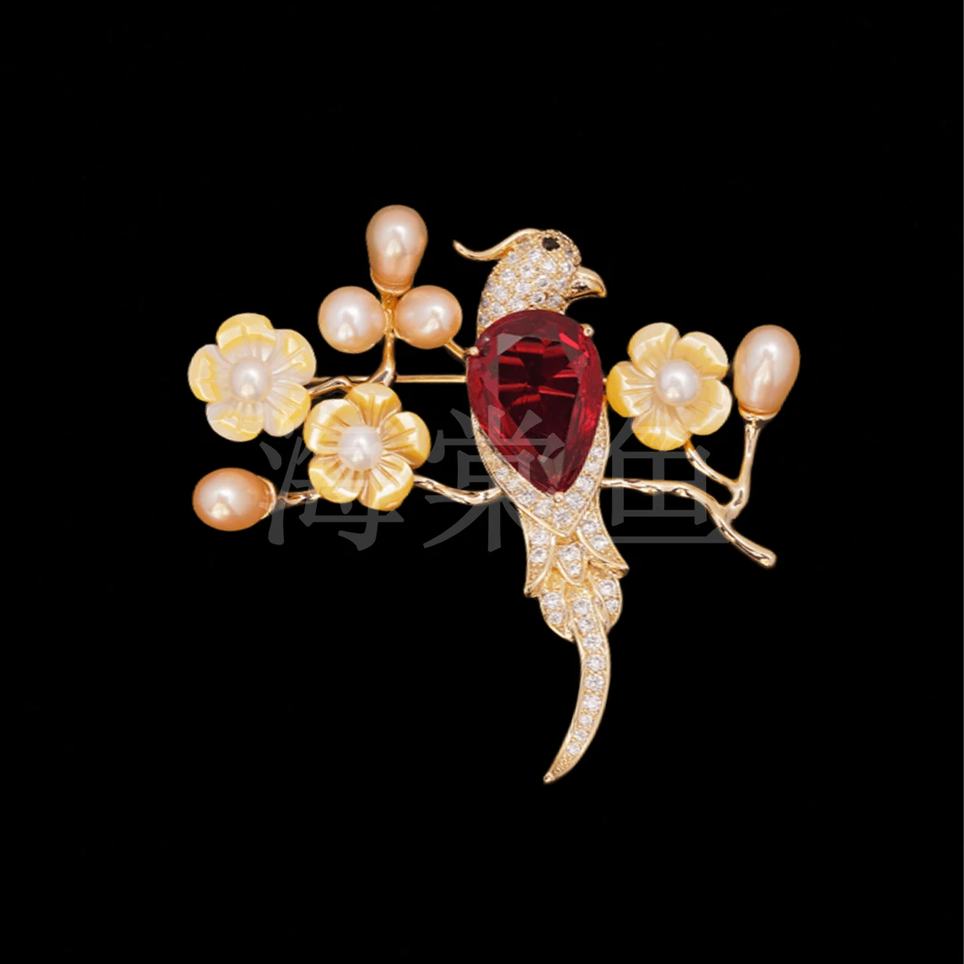 铜合金贝壳胸针 HY1702金贝红鹦胸针