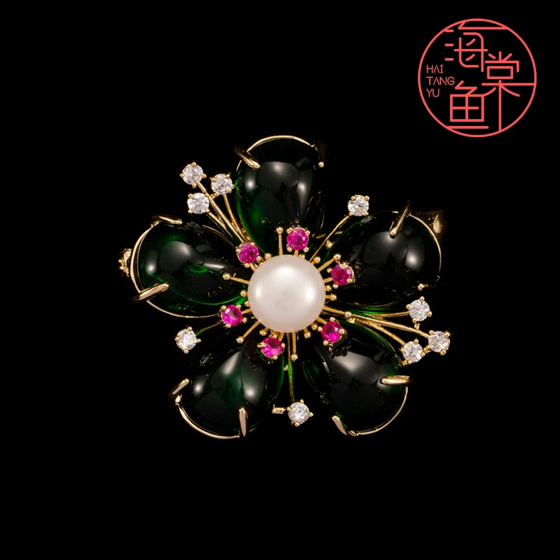 铜合金合成锆石胸针 HY1253绿髓之花胸针