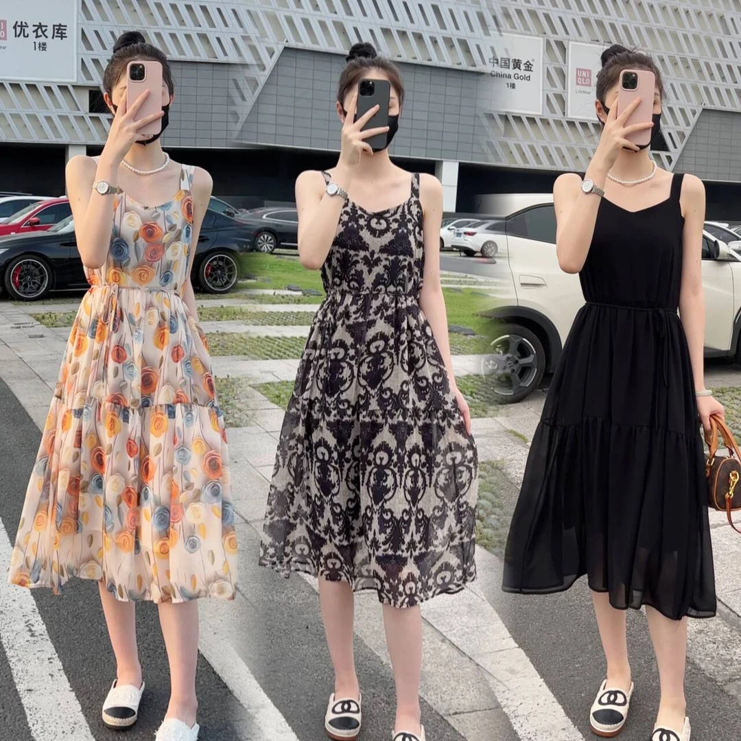 2025夏季新款时尚高端无袖吊带裙女气质收腰显瘦中长款碎花连衣裙