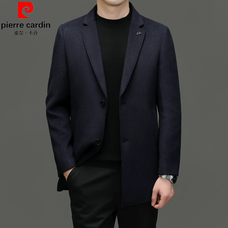 皮尔卡丹修身毛呢大衣男士中长款秋冬季2023新款商务休闲呢子外套