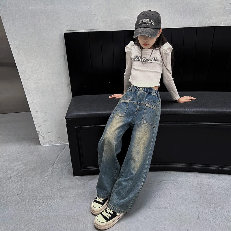 儿童牛仔裤裤子童装春秋阔腿裤宽松中大童洋气洋气直筒休闲韩版