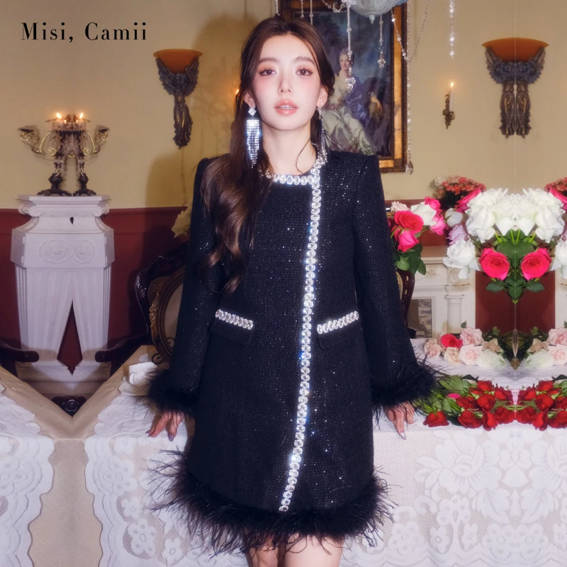 Misi,Camii秋冬新款女士时尚气质重工钻饰珠片花呢黑色中长款外套
