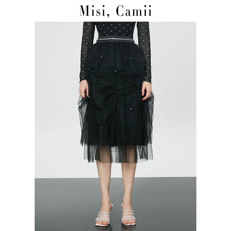 【商场同款】Misi,Camii春季手工捏褶钉钻黑色高端网纱气质半身裙