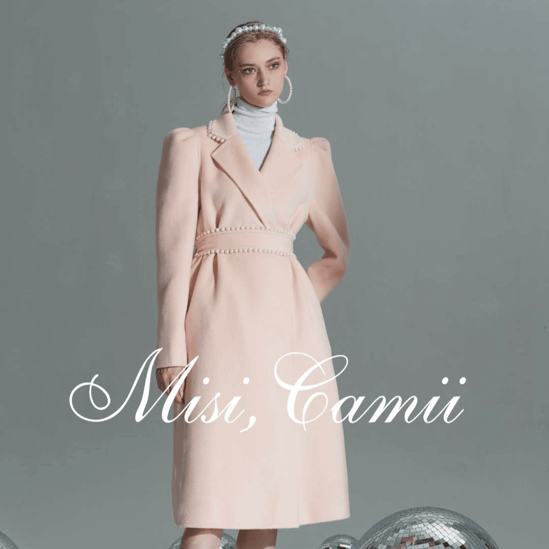 Misi,Camii秋冬新款女时尚气质设计感小众珍珠装饰羊毛呢大衣系带
