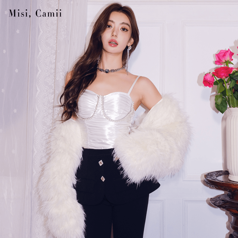 Misi,Camii秋装新款2023缎面褶皱珍珠吊带上衣背心女高级气质时尚