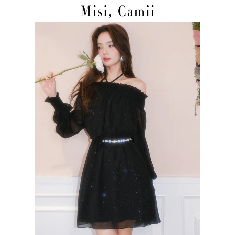 Misi,Camii一字肩吊带挂脖连衣裙气质名媛长袖裙子轻奢小众设计师