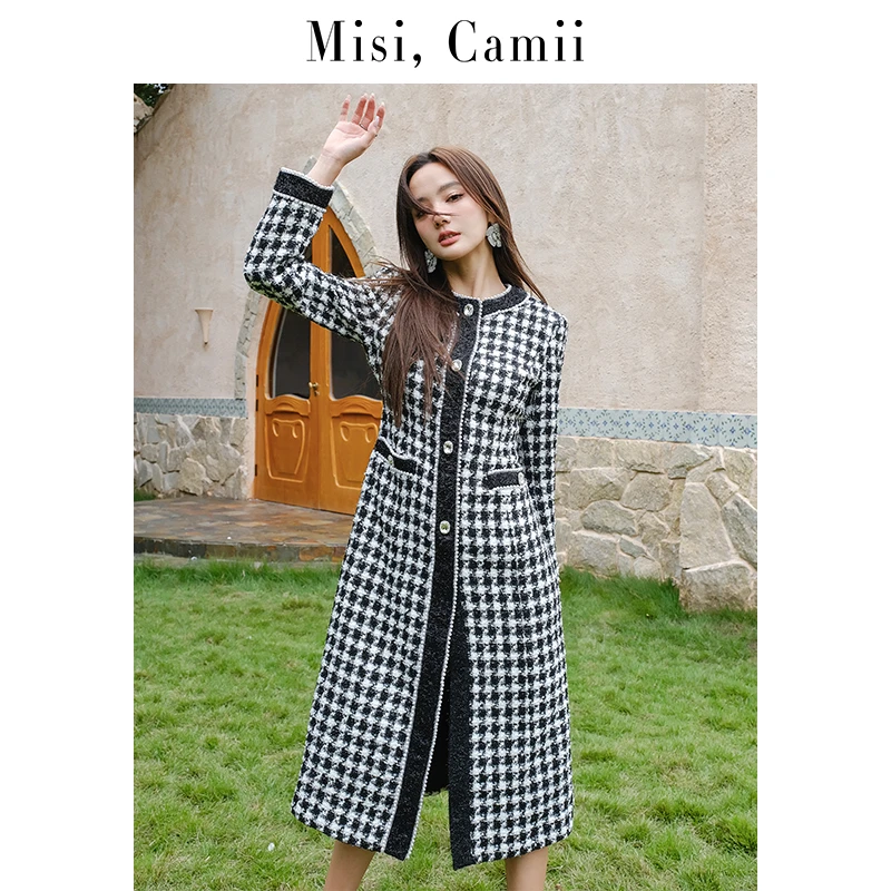 Misi,Camii撞边花呢钻扣长外套中长款格子秋冬格纹气质呢大衣时尚