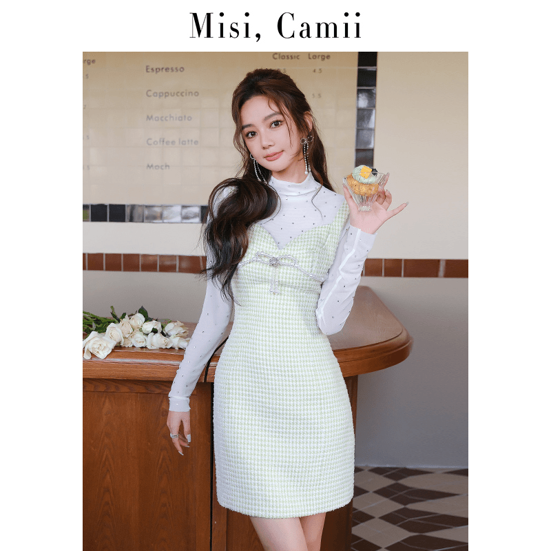 Misi,Camii梅雪女装2023春季新款气质修身珍珠花呢吊带时尚连衣裙