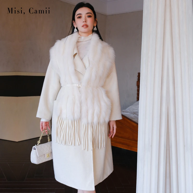 Misi,Camii【破价款】冬季女士狐狸毛围巾毛呢大衣名媛轻奢百搭外套