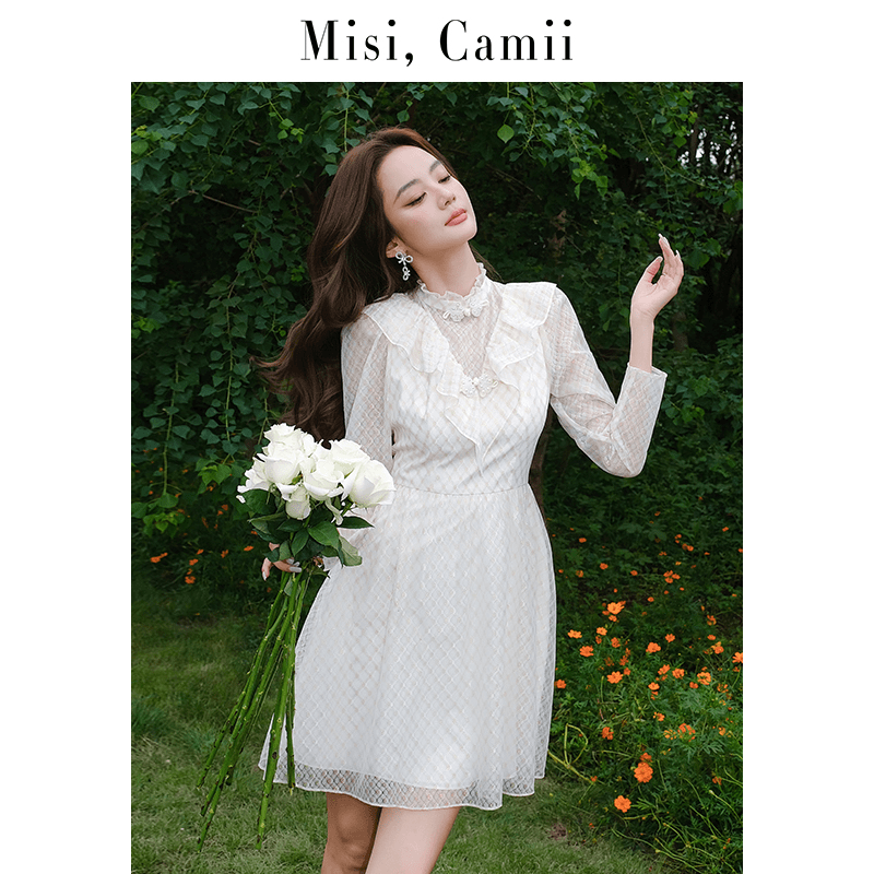 Misi,Camii2023春季新款长袖菱格网纱盘扣收腰显瘦温柔气质连衣裙