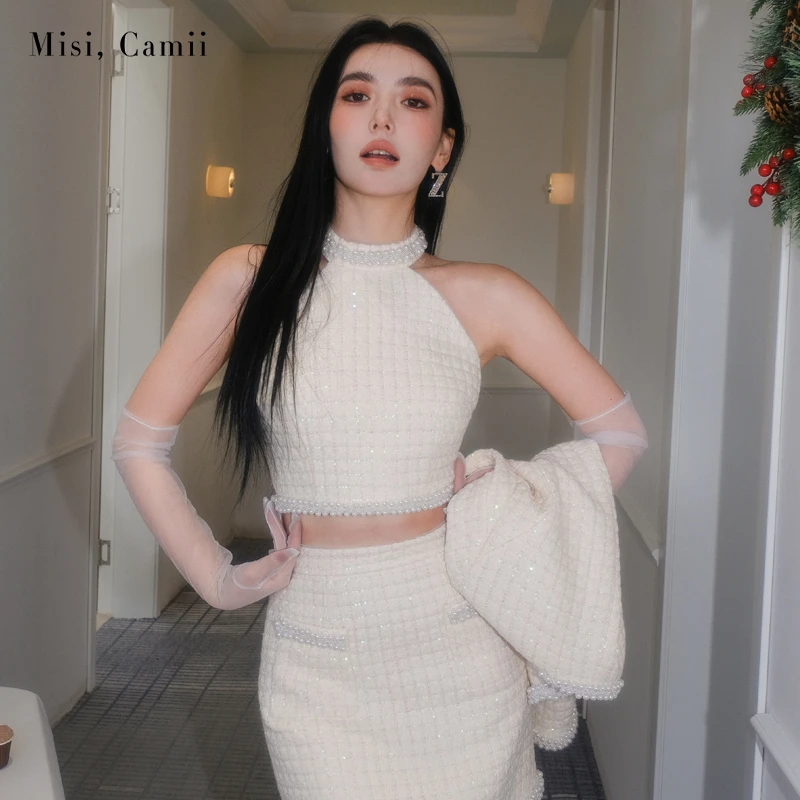 Misi,Camii【达人专属】早秋新款钉珠织带花呢削肩背心上衣露肩显瘦