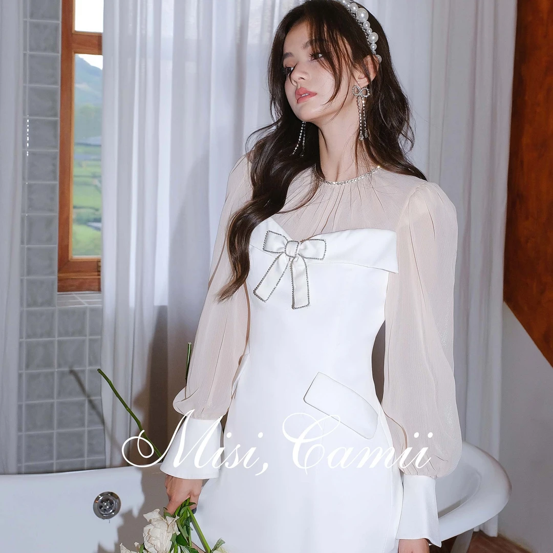 Misi,Camii春天气质仙女裙连衣裙设计师白色拼接蝴蝶结泡泡袖露肩