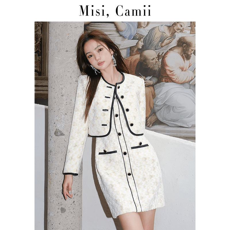 Misi,Camii2023年春季新款撞色皮包边千鸟格长袖设计感小众短外套