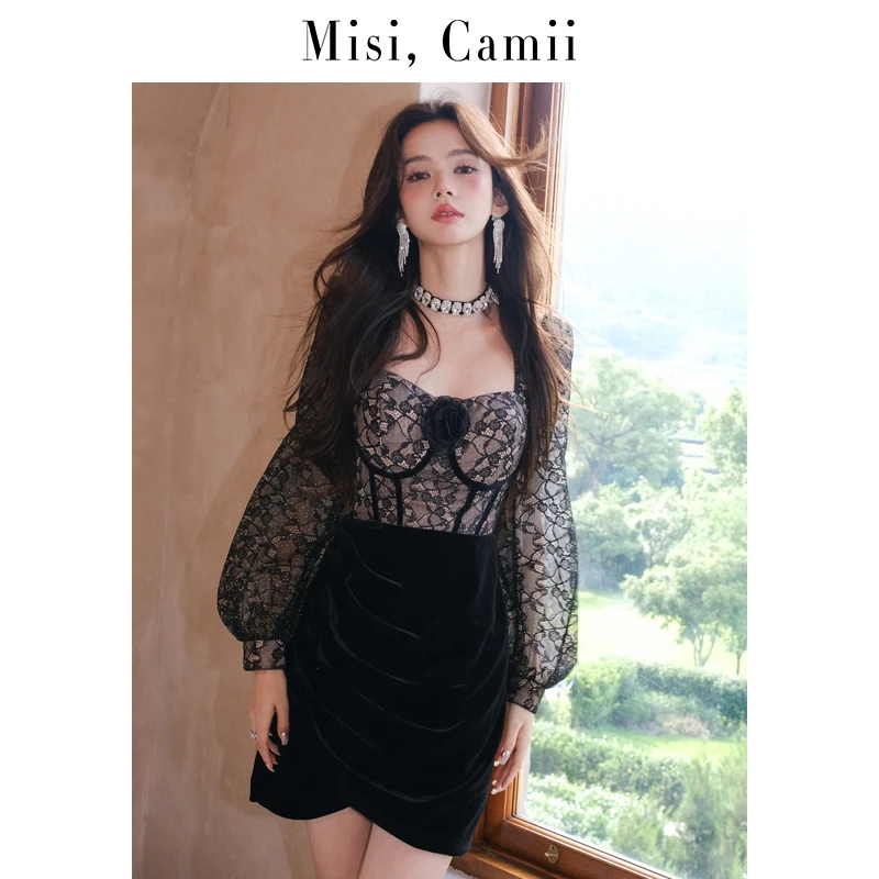 Misi,Camii【暗夜玫瑰系列】秋季收腰抽褶方领长袖高级感女装连衣裙