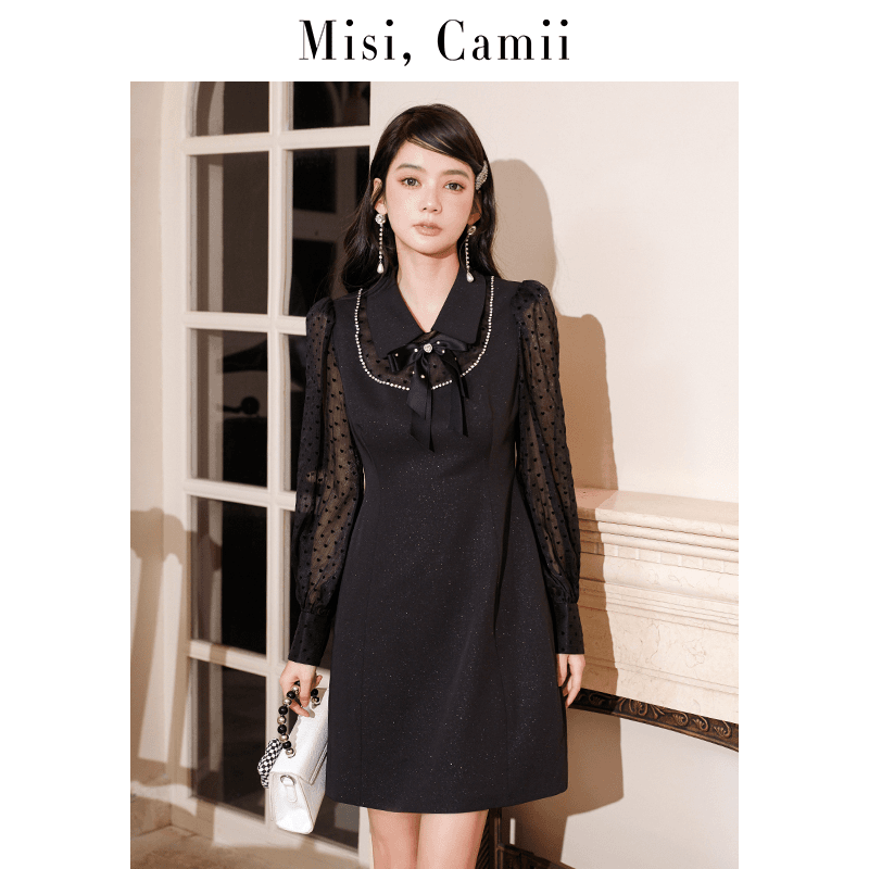 Misi,Camii2023春季新款拼爱心网纱钻链收腰气质设计感法式连衣裙