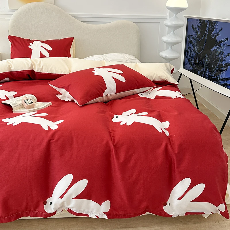 兔年限定全棉印花四件套纯棉床单床笠被套新年喜气三件套床上用品