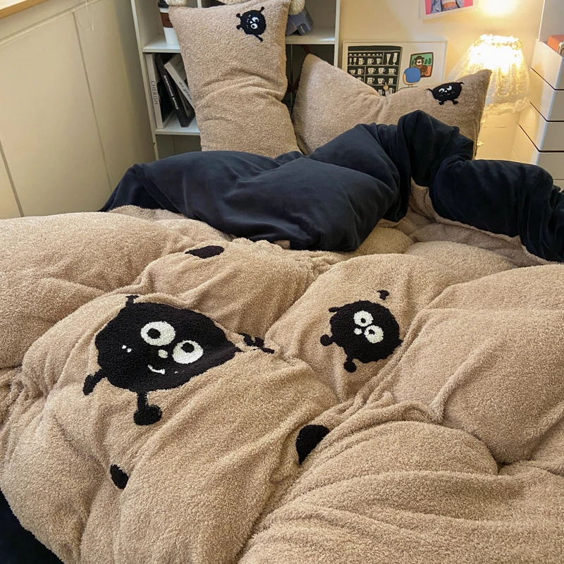 ins风可爱黑煤球珊瑚绒四件套双面绒牛奶绒法兰绒床单被套三件套4