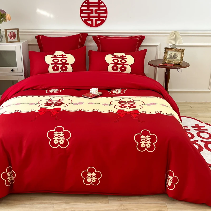 媞雨简约婚庆四件套大红色红花喜被罩床单笠新结婚房嫁礼床品中式