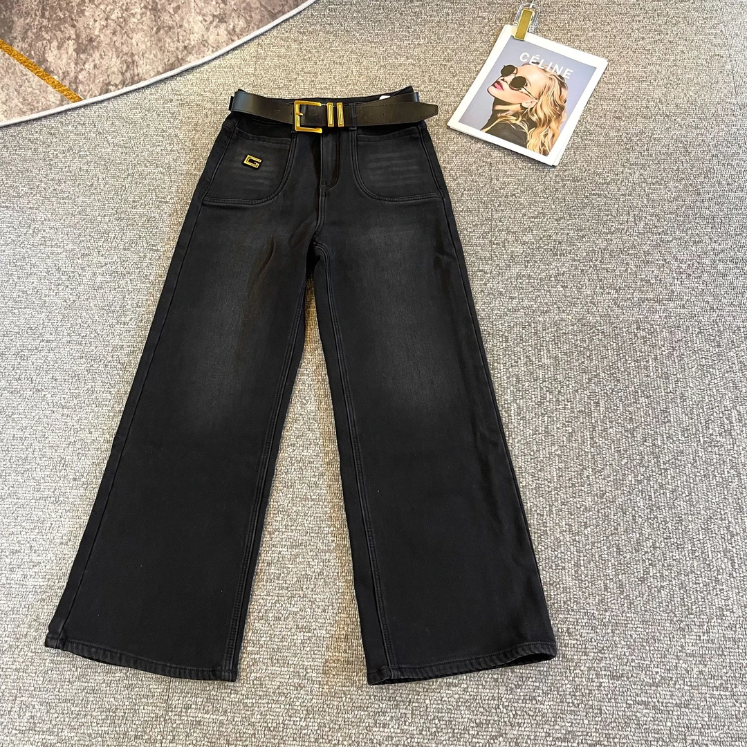 【贾小姐高定】直筒法棍黑色百搭阔腿裤高腰牛仔裤加绒银狐绒68172