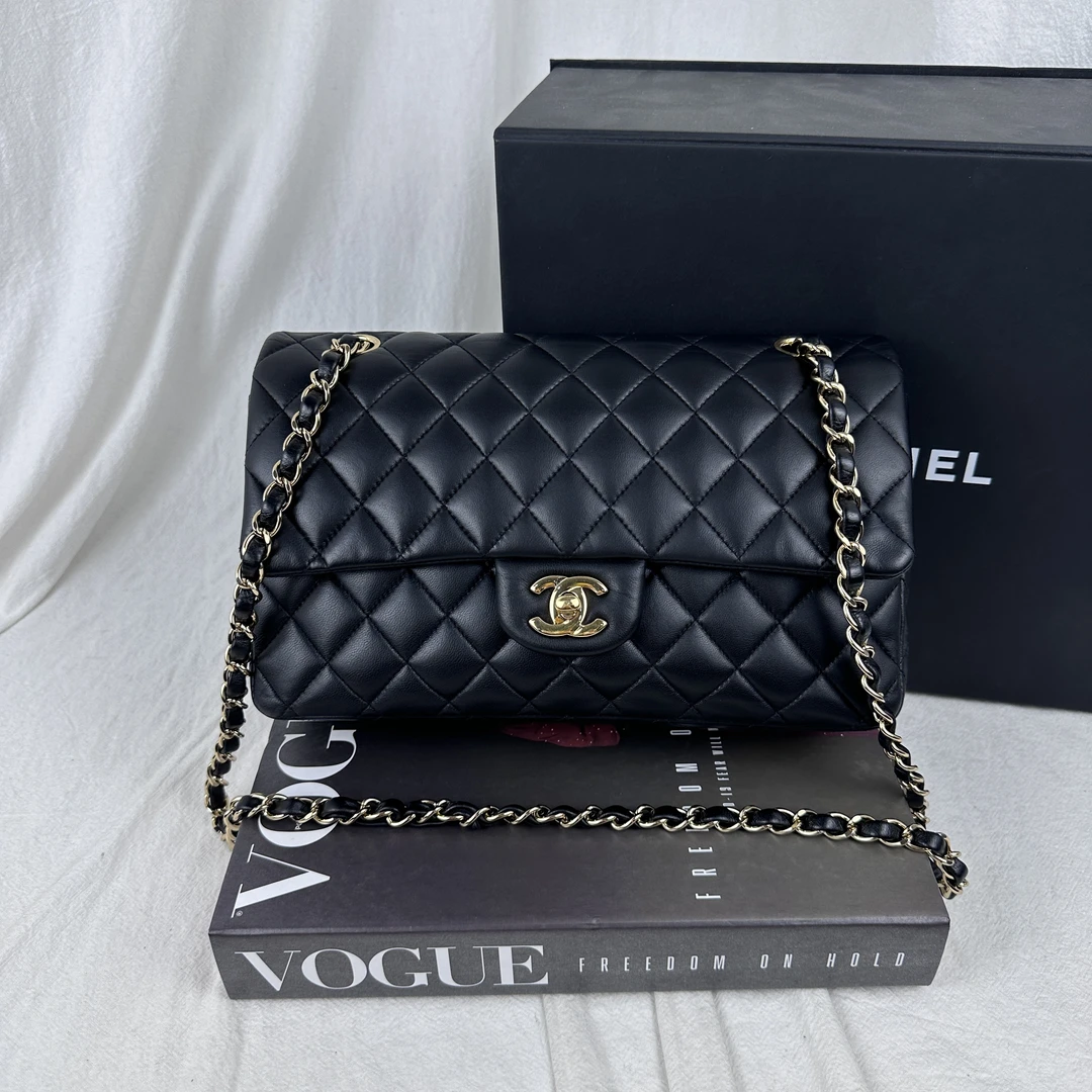95新 Chanel/香奈儿 黑金CF羊皮中号单肩包
