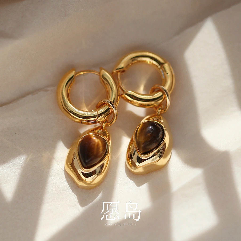 愿岛 黄铜耳饰 法式复古优雅老虎眼睛石头不规则金属耳扣EH2226