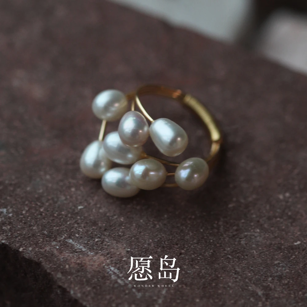 愿岛 铜合金珐琅戒指 法式原创气质大自然珠可调节米珠戒指JZ800