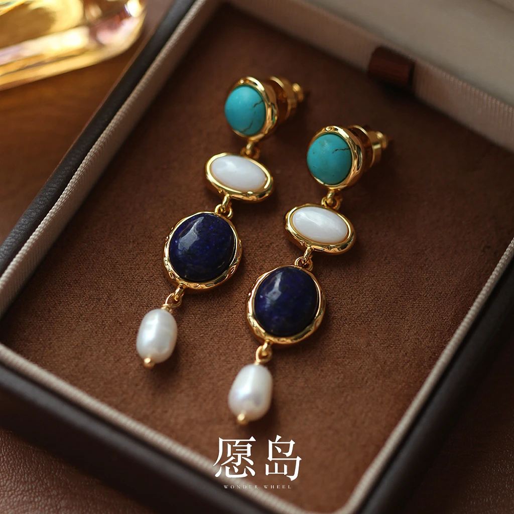 愿岛 黄铜耳饰 法式复古气质优雅小众三色石头长款流苏耳钉EH2127