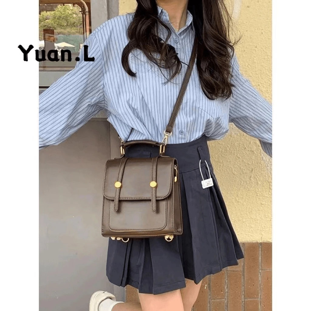 【复古学院】秋冬新款小众美式复古搭扣双肩包斜挎英伦通勤学生包女