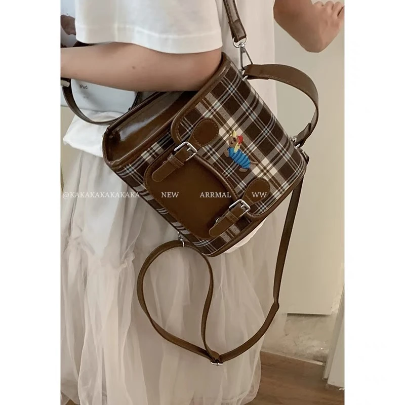 学院风格子双肩包女包包新款2024潮韩国复古背包学生上课手提书包