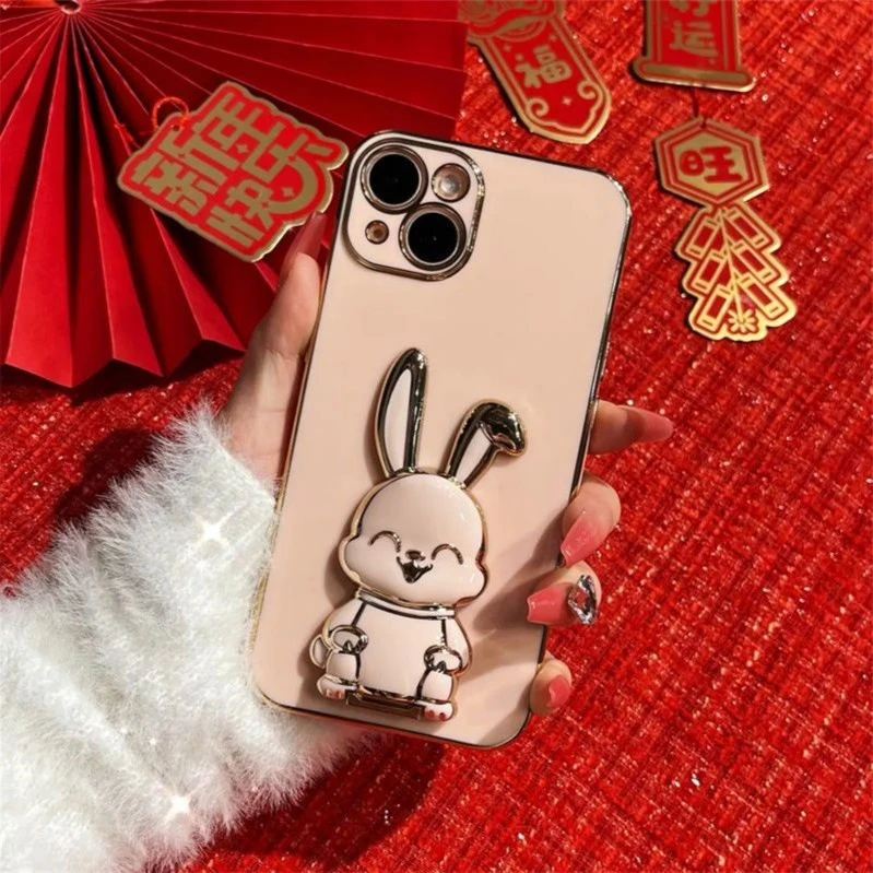 【电镀兔子手机壳支架】 桌面折叠支架卡通创意懒人手机折叠支架