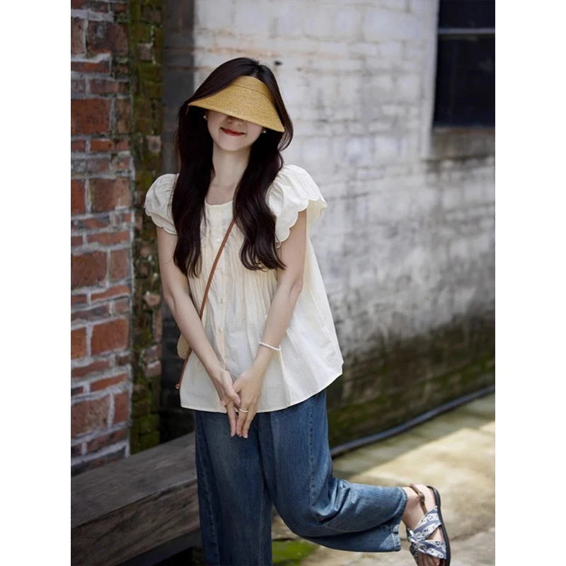 法式泡泡袖正肩衬衫女夏宽松显瘦娃娃衫设计感小众小飞袖上衣薄款