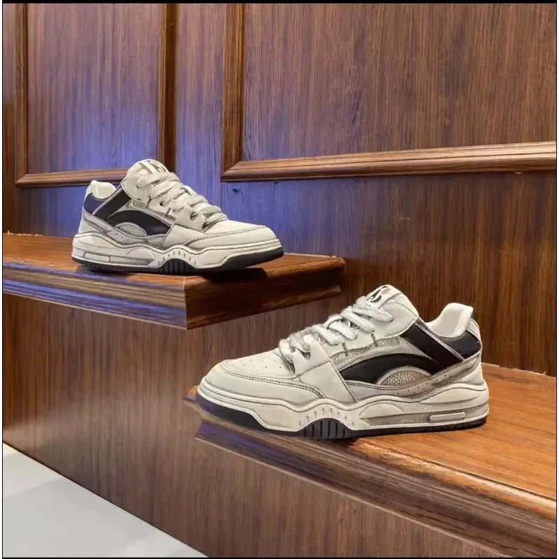 季摩蓓2024早秋拼色舒适休闲时尚百搭透气潮流男鞋潮鞋真皮复古