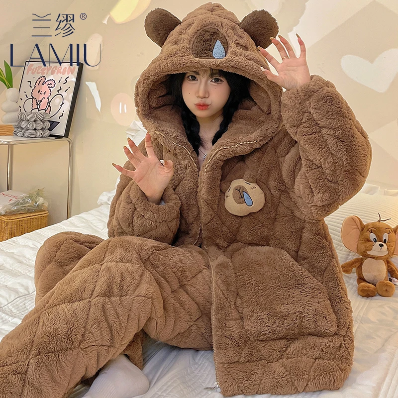 珊瑚绒三层夹棉袄睡衣女款冬季加厚加绒保暖可爱风连帽家居服套装