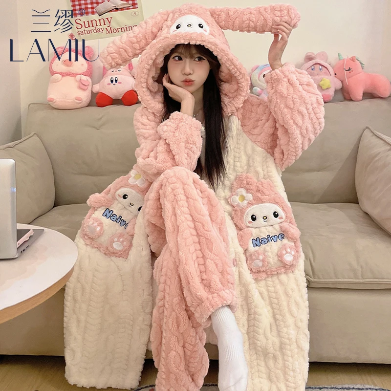 秋冬季珊瑚绒睡衣女2024年新款长款睡袍加绒加厚法兰绒家居服套装