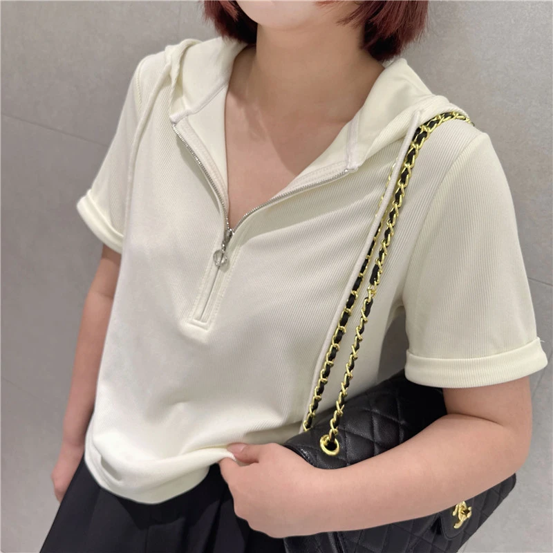 【特价FU利】胖mm宽松遮肉半拉链帽衫韩版通勤风短袖T恤200斤MJ202