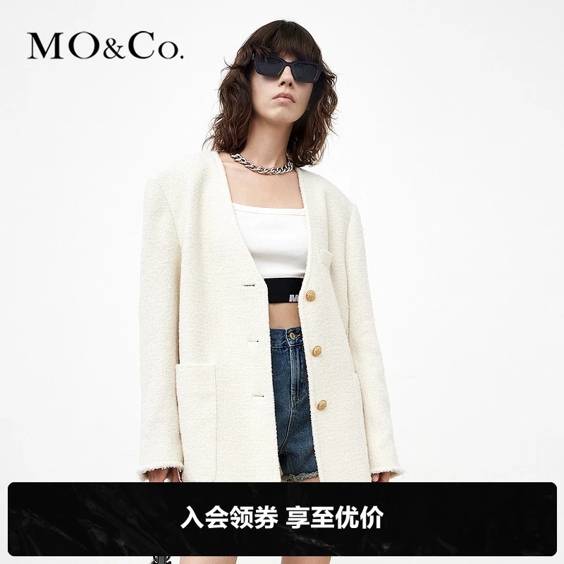 MOCO秋季无领大口袋须边宽松呢外套小香风时尚热力感MBA3COT018