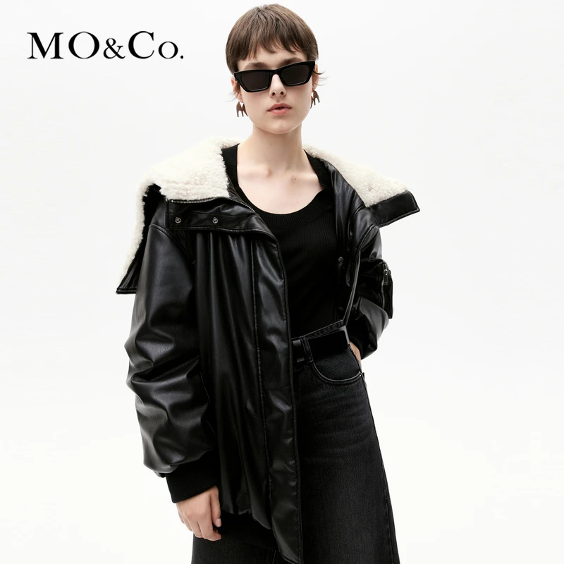 【防寒】【90%鸭绒】MOCO拉链连帽毛领翻领皮羽绒服MBC4EINT09