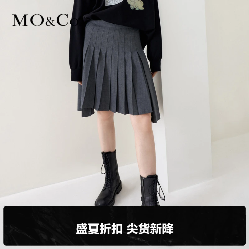 MOCO春季学院风前短后长高腰压褶半身裙女时尚女装休闲MBB1SKT010