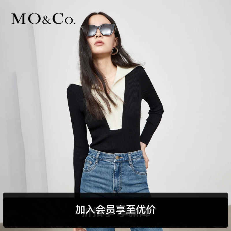MOCO秋季黑白撞色拉链大翻领修身针织衫MBC3SWTT25