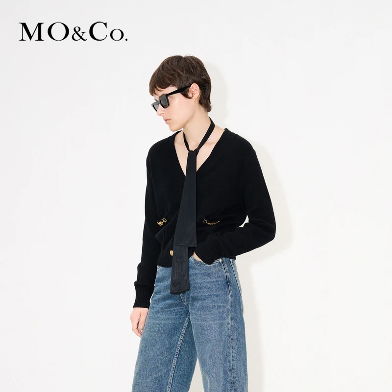 MOCO冬季金属链饰V领绵羊毛混纺针织衫开衫MBB4CAR028
