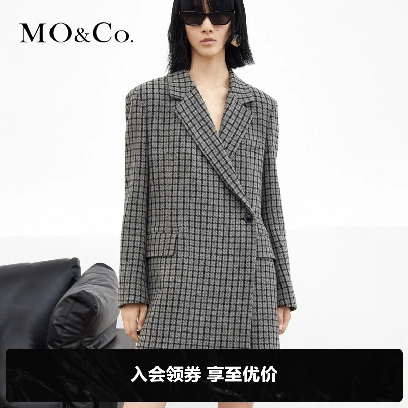 MOCO冬季格纹一粒扣廓形西装式毛呢外套女时尚女装休闲MBA4COT041