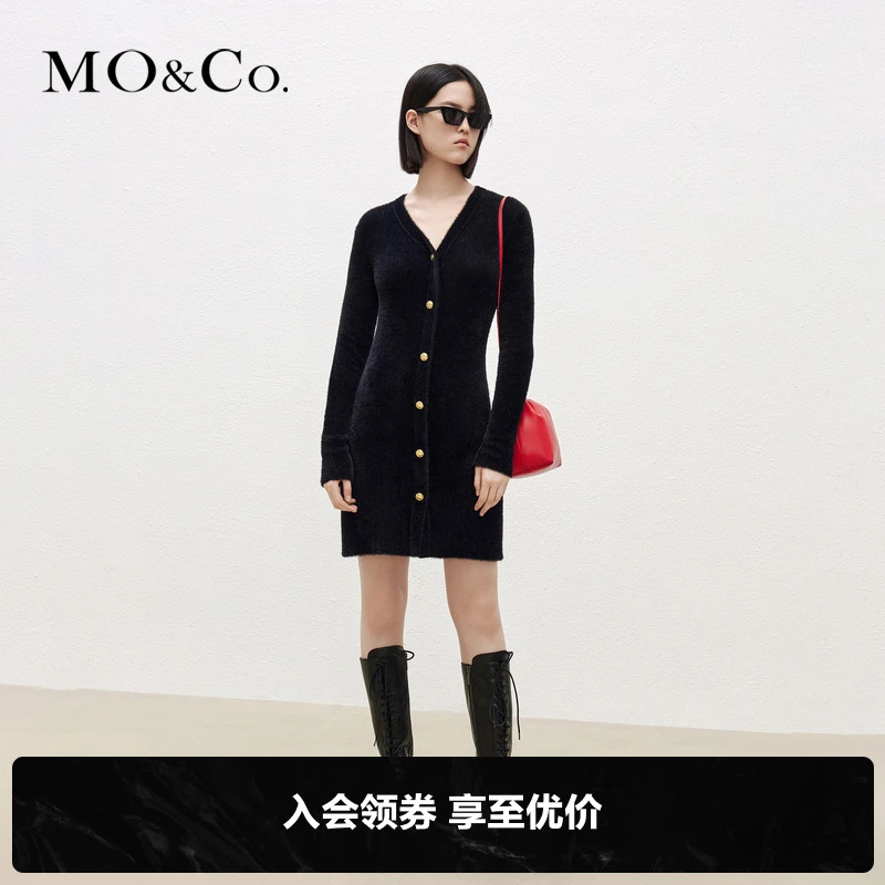 MOCO冬季V领收腰显瘦短款绒感连衣裙小黑裙MBB4DRST09