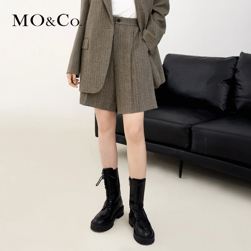 MOCO春季复古人字纹混纺西装中裤女士时尚女装休闲气质MBB1SOT018