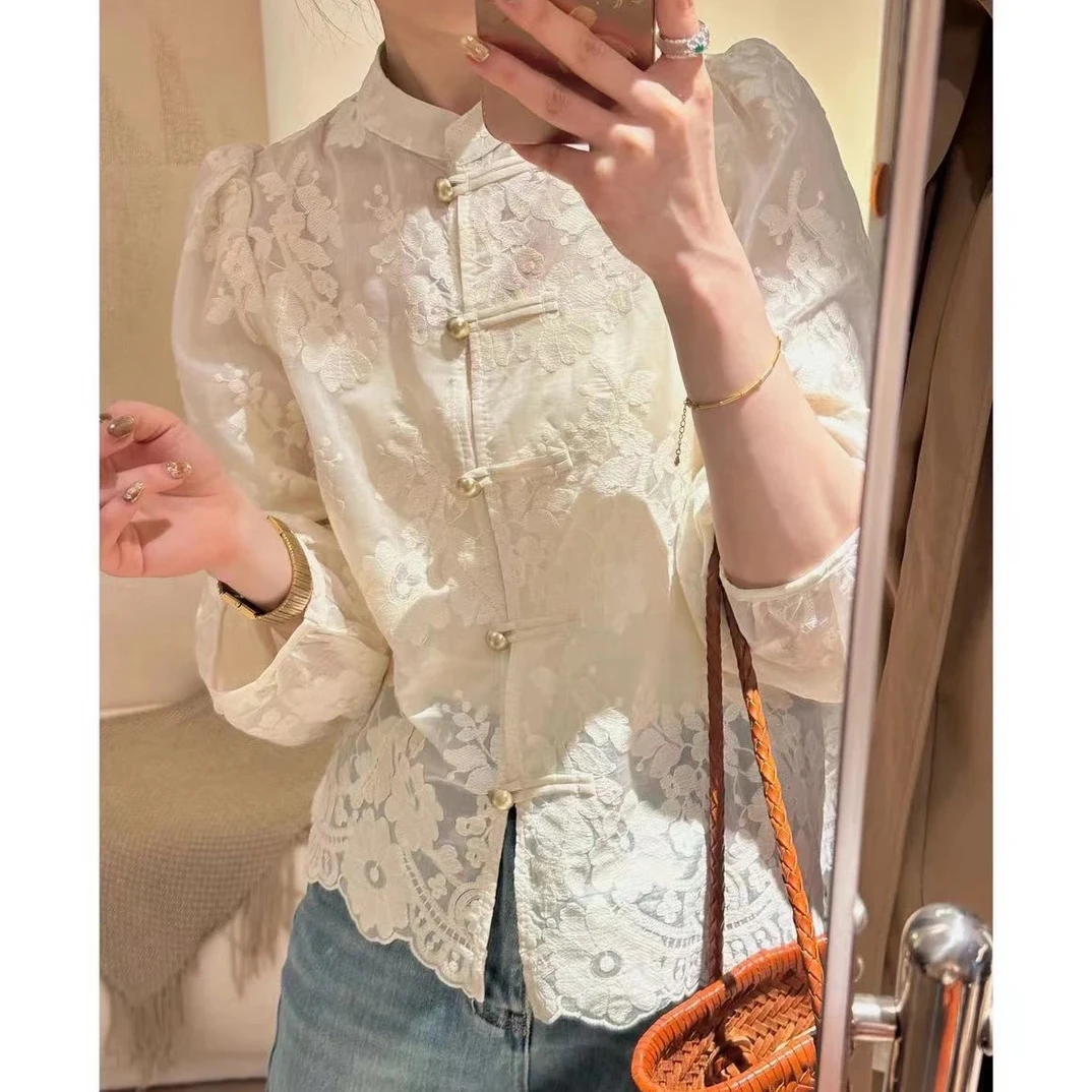 新中式国风气质长袖时尚夏季提花网红春季春夏印花立领绣花衬衫