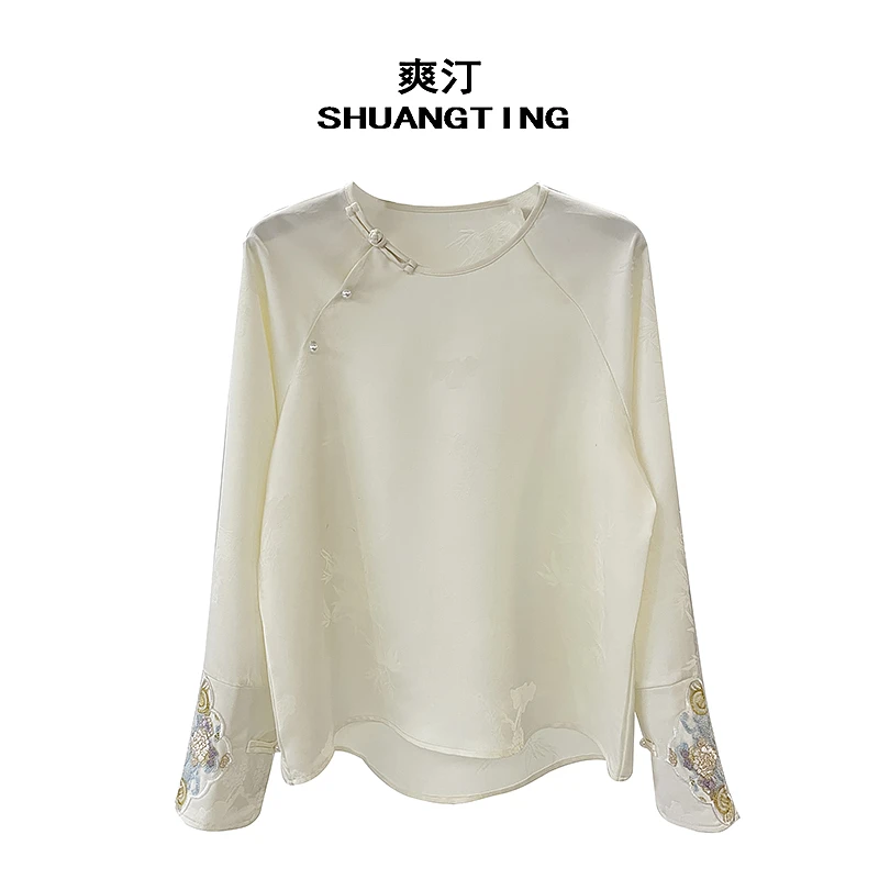 Jokara/丘可儿【梅兰竹菊】国风复古提花长袖衬衫刺绣气质衬衣套头