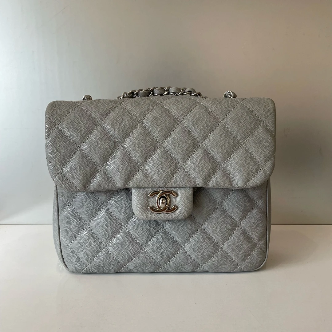 99新 Chanel/香奈儿 方胖子 灰色荔枝皮银扣陈辰奢选