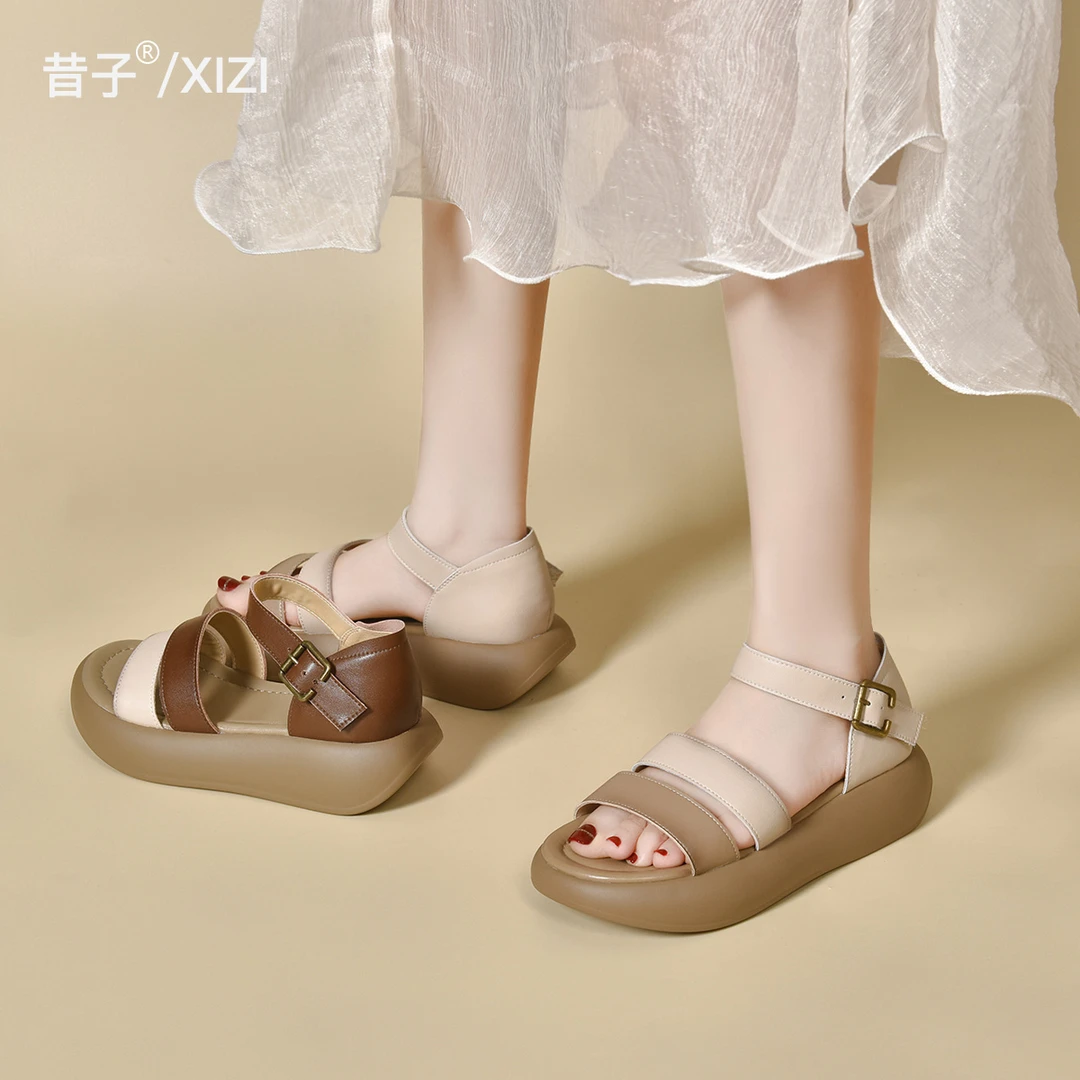 L518真皮松糕厚底凉鞋女2024新款夏季时尚女鞋轻便一字带罗马凉鞋